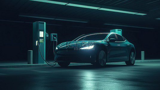 轮廓汽车背景图片_3D 渲染的充电站电池电量低的 EV 电动汽车轮廓的插图
