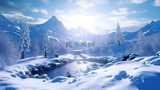 冬季仙境复杂而迷人的雪山景观 3D 渲染