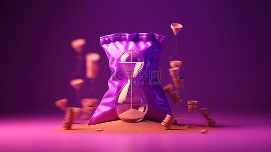 在充满活力的紫色背景 3D 渲染上使用袋子和沙漏进行高效的虚拟购物