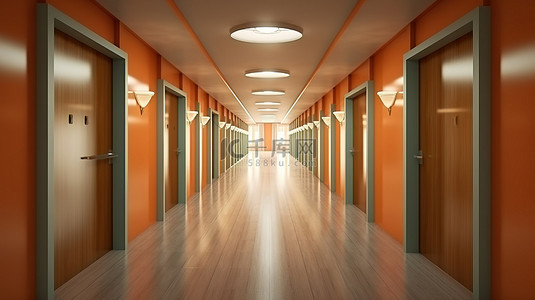 宽敞而漫长的内部走廊的 3D 渲染