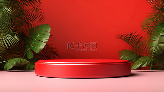 热带背景下现代红色讲台的 3D 渲染，用于产品展示