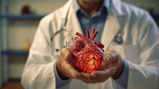医生病床背景图片_心脏病专家检查 3D 模型心脏与梗塞位置
