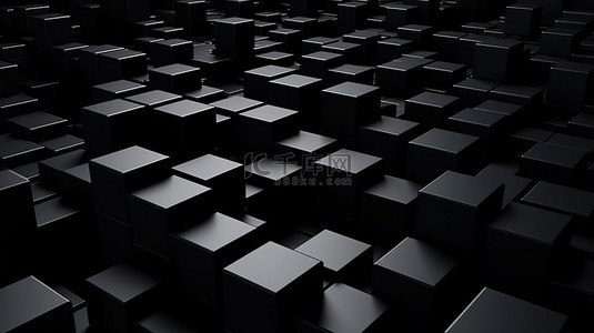 各种形状的黑色立方体的简约 3D 渲染图案对称的创意和明亮的纹理让人联想到山顶