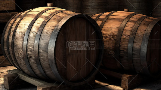 用于干邑朗姆酒和白兰地等烈酒的陈年木酒桶的 3D 渲染