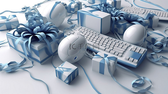 充满礼物的电脑鼠标以蓝色和白色 3d 渲染环绕着美国地球