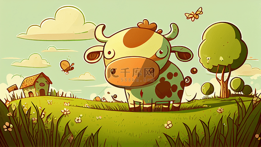 卡通牛奶背景图片_草坪奶牛可爱插画背景