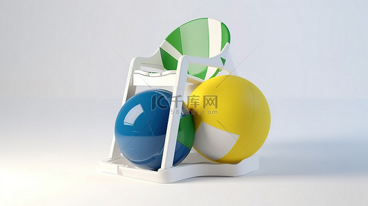 白色蓝色黄色和绿色 3d 渲染躺椅，白色背景下带有沙滩球