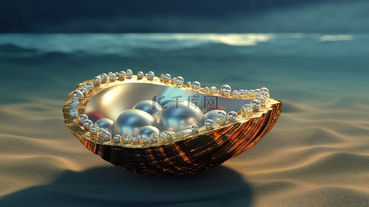 珍珠大海背景图片_在大海的开放蛤中发现一颗珍贵的珍珠，令人惊叹的加密货币 3D 渲染