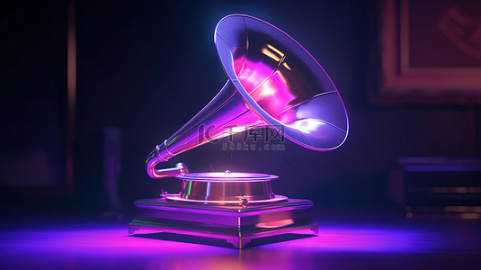 闪亮的金属紫色复古留声机的海报，采用 3D 渲染的逆波风格
