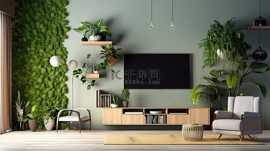 绿化背景图片_有绿化和电视柜3D渲染的客厅
