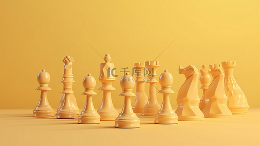 逼真的 3d 渲染的棋子在柔和的黄色背景