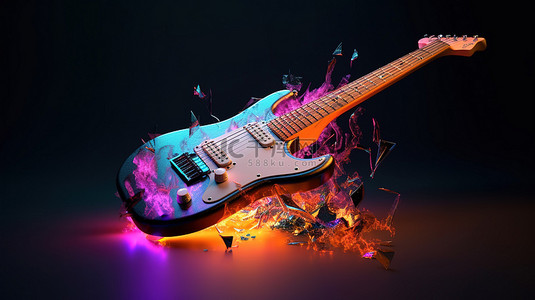 霓虹灯点亮的电吉他爆炸成碎片的 3D 插图