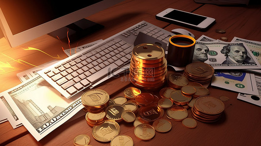 商业和计算机图形的数字金融愿景 3d 渲染与硬币和票据