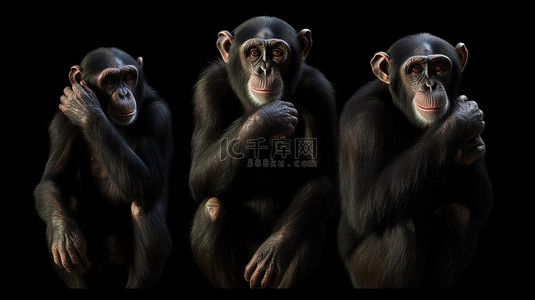 黑猩猩在 3d 中站立并在黑色背景下闭上眼睛
