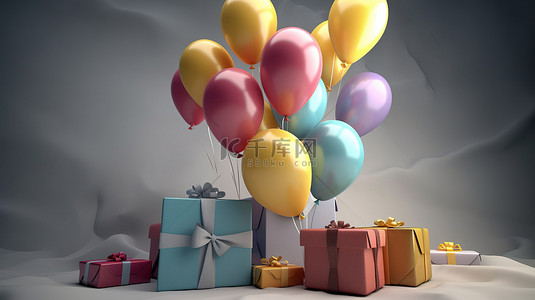 新年包装盒背景图片_令人惊叹的 3D 渲染中的气球和礼品盒