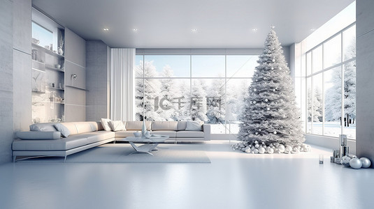 计算机生成的 3D 渲染，展示了一间带圣诞树的公寓中的现代节日客厅