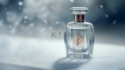 小玻璃瓶子背景图片_香水透明雪花飞舞背景