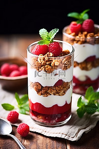 冻酸奶背景图片_两个冻糕，里面有格兰诺拉麦片覆盆子草莓和牛奶