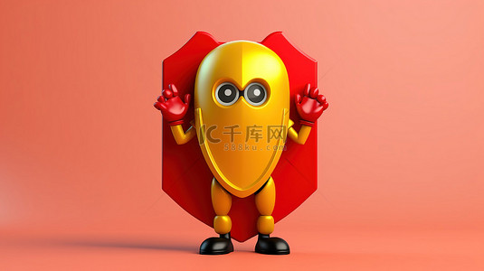 黄色背景 3D 渲染人物吉祥物，戴着红色金属盾，用红色问号符号进行保护
