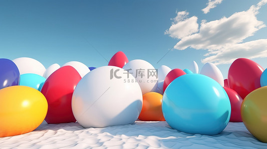 彩色球边框背景图片_3D 渲染中蓝天背景白卡上的彩色充气气球