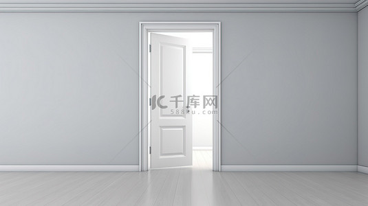 白色门半开的空房间的 3D 渲染