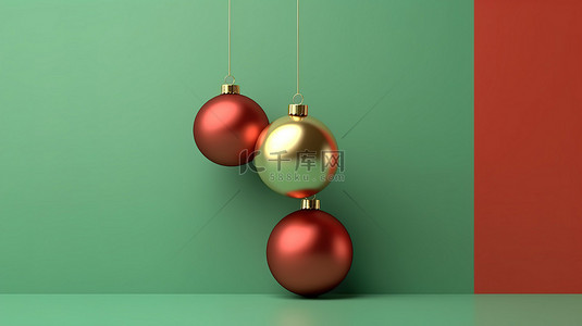 浅绿色背景上带有金红色和绿色灯泡的 3D 渲染几何圣诞装饰
