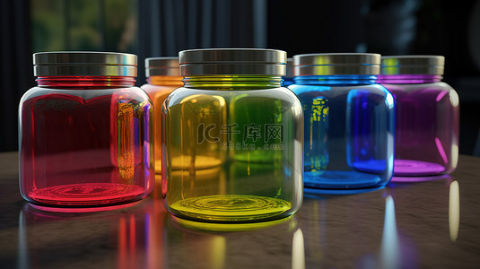 五个带有彩色盖子的透明罐子的充满活力的 3D 渲染