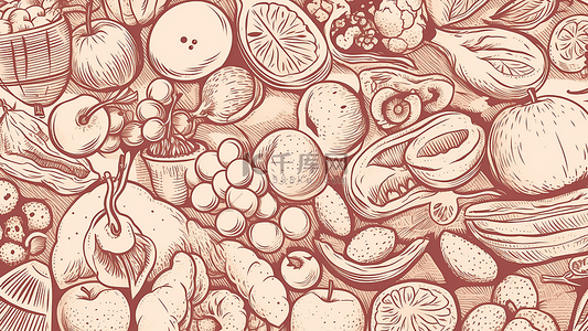 食物水果背景背景图片_食物线条草稿堆放于桌面蔬菜和水果背景