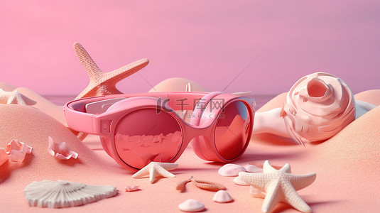 贝壳合上打开背景图片_粉红色海滩上的夏季配饰耳机太阳镜海星贝壳充气球和 3D 渲染中的人字拖