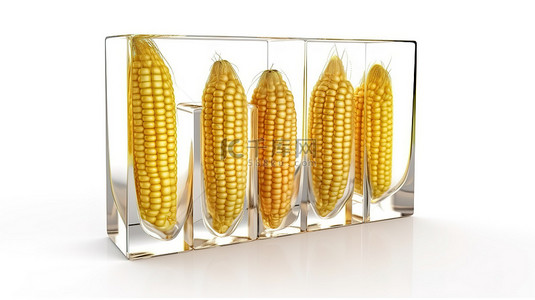 素食标志背景图片_白色背景上带有玻璃设计元素的玉米的逼真 3D 插图