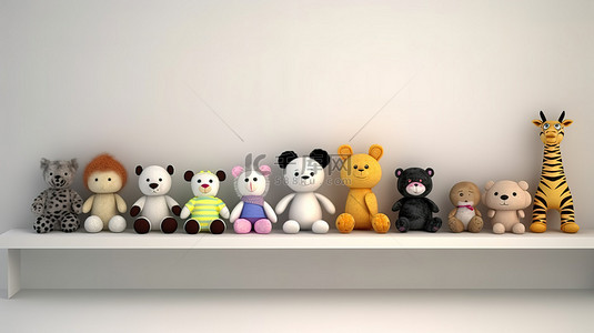 白色展示架上排列的毛绒玩具动物的 3D 渲染插图