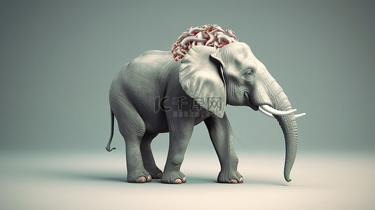 大象图腾背景图片_俏皮的 3D 大象在异想天开的插图中拿着大脑