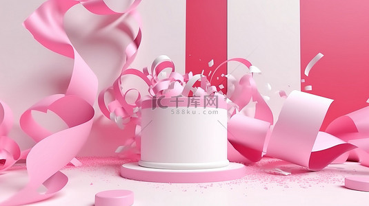 抽象背景中带有白色讲台五彩纸屑和彩色丝带的节日粉红色背景的 3D 渲染