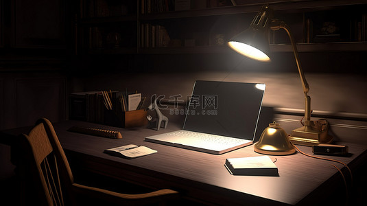 3d 渲染的办公桌笔记本电脑灯纸和电话中的办公室工作要点