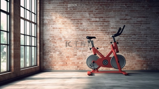 有氧运动背景图片_砖墙背景与 3D 渲染固定健身自行车健身机