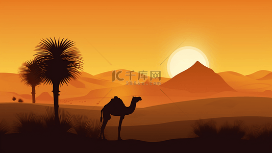 絲綢之路背景图片_日落骆驼沙漠背景