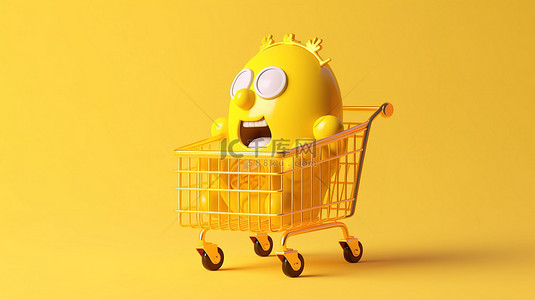 黄色卡通闹钟背景图片_黄色背景上带有购物车手推车和闹钟的吉祥物的 3D 渲染