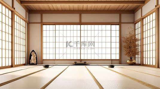 日本室内装饰的 3D 渲染，配有木地板和浅白色背景