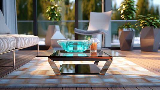 户外客厅中带玻璃器皿的咖啡桌的 3D 插图