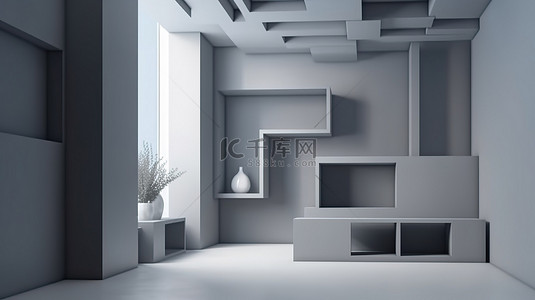 简约的角落房间盒，具有现代 3D 渲染和浅灰色墙壁设计