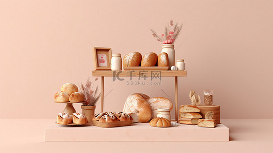 面包店场景背景图片_带有产品植入的面包店讲台的时尚简约 3D 渲染