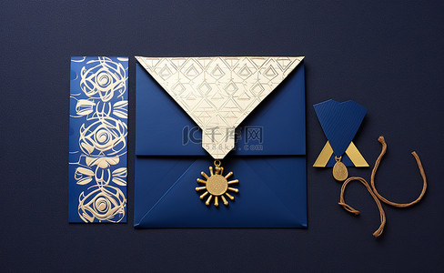 礼字背景图片_一个蓝色礼品袋，旁边有一个用蓝色墨水写的蓝色信封