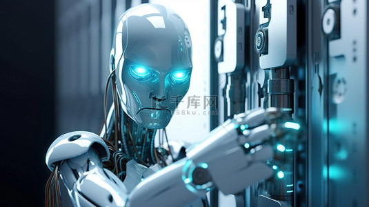 从事网络保护工作的女性机器人或机器人的键盘锁安全 3D 渲染