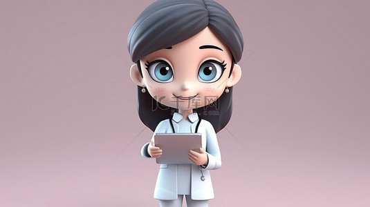 手持平板电脑的可爱女医生数字化呈现的医疗专业人士