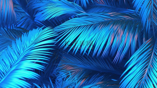 带有棕榈树图案的蓝色背景的抽象 3D 渲染