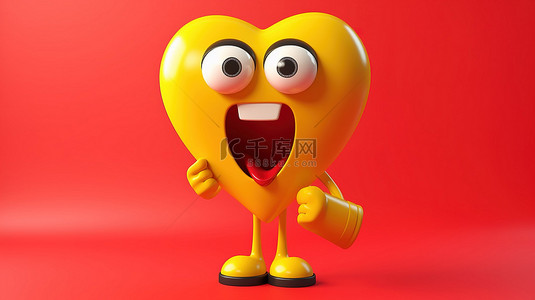 复古爱心背景图片_黄色背景，带有 3D 红心吉祥物和红色复古扩音器