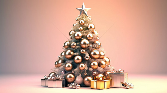 圣诞平安夜背景背景图片_3d 渲染中的圣诞树和装饰品