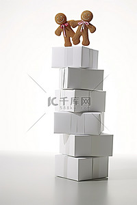 一堆白色小礼品盒，上面有姜饼人举着牌子