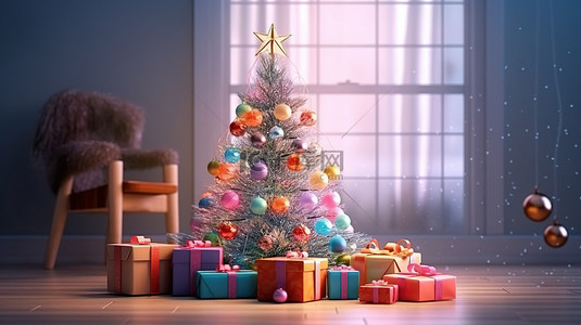 家里墙壁背景图片_节日问候家里装饰着圣诞树，并呈现 3D 渲染插图