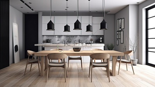 现代厨房设计背景图片_以木地板桌椅和白色黑色为主题的 3D 渲染现代厨房设计